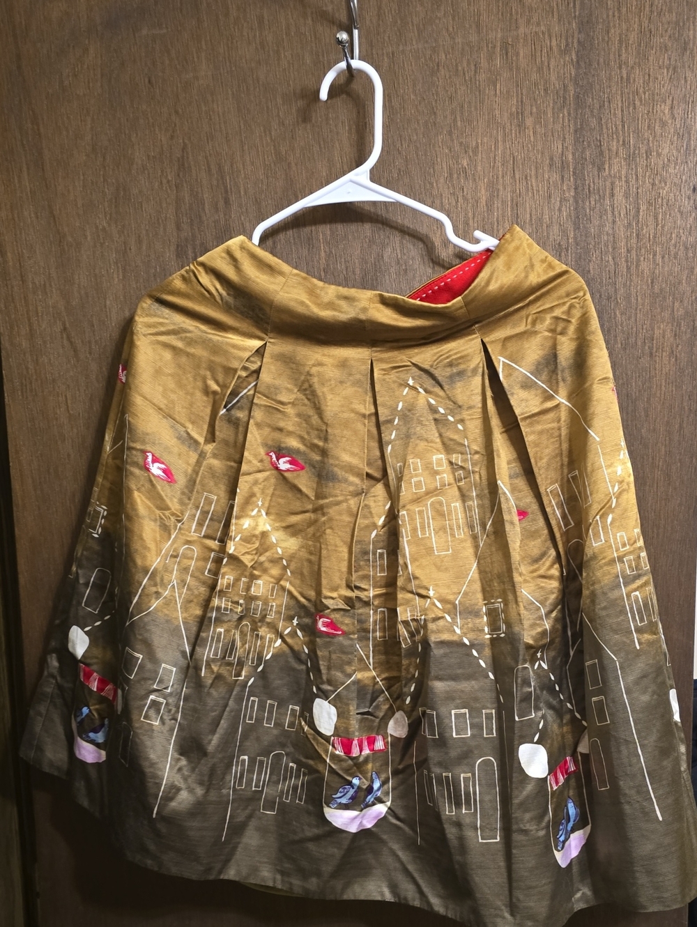 Maeve Mustard and Brown Circle Skirt with Printed City Motif